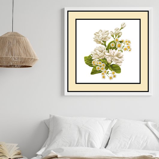 Witte Bloemen Daisies Zwart Lijnen Gele Rand Poster