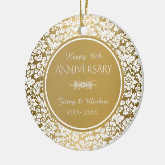 Witte Bloemen Damask- 50ste bruiloft Jubileum Keramisch Ornament (Links)