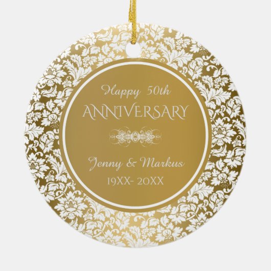 Witte Bloemen Damask- 50ste bruiloft Jubileum Keramisch Ornament (Achterkant)