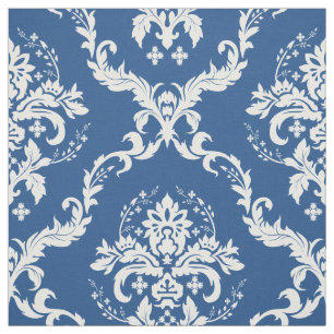 Witte Bloemen Damasks Aangepaste Blauwe Achtergron Stof