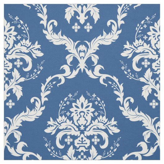 Witte Bloemen Damasks Aangepaste Blauwe Achtergron Stof (Swatch)