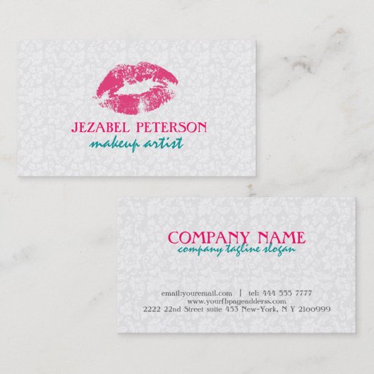 Witte Bloemen Damasks Make-up Artist Design Visitekaartje (Voorkant / Achterkant)