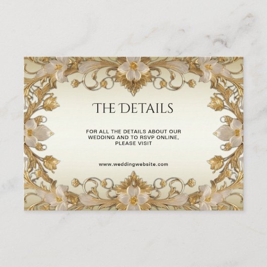 Witte bloemen decoratief goud detail informatiekaartje (Voorkant)