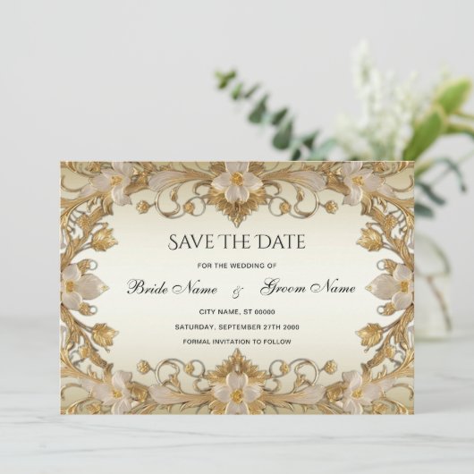 Witte bloemen Decoratief goud Save the Date (Staand voorkant)