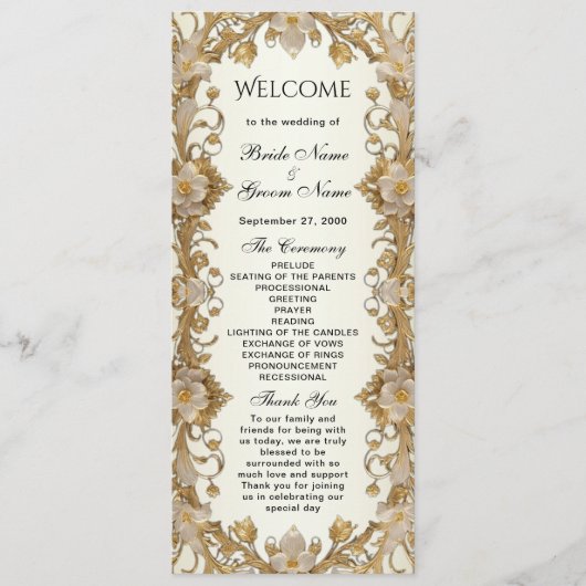 Witte bloemen decoratief gouden bruiloft programma programmakaart (Voorkant)
