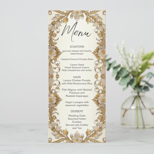 Witte bloemen Decoratieve gouden bruiloft menu (Staand voorkant)