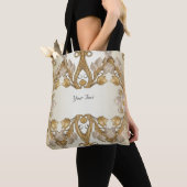 Witte bloemen decoratieve gouden Canvas tas (Dichtbij)