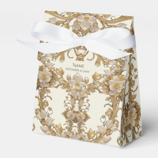 Witte bloemen Decoratieve gouden gunstbox Bedankdoosjes (Voorkant Zijde)