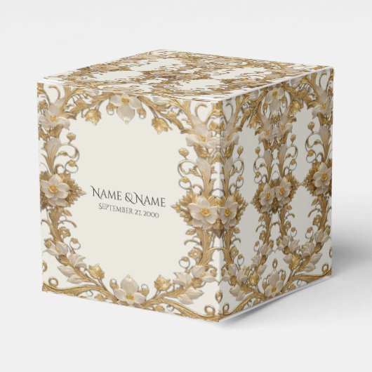 Witte bloemen Decoratieve gouden gunstbox Bedankdoosjes (Voorkant Zijde)