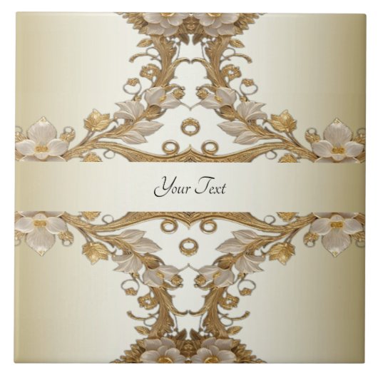 Witte Bloemen Decoratieve Gouden Keramische Tegel Tegeltje (Voorkant)