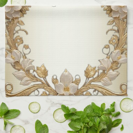 Witte bloemen Decoratieve Gouden Keuken Handdoeken (Gevouwen)