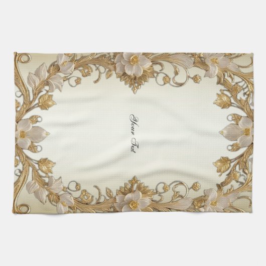 Witte bloemen Decoratieve Gouden Keuken Handdoeken (Horizontaal)