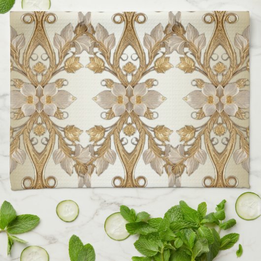 Witte bloemen Decoratieve Gouden Keuken Handdoeken (Gevouwen)