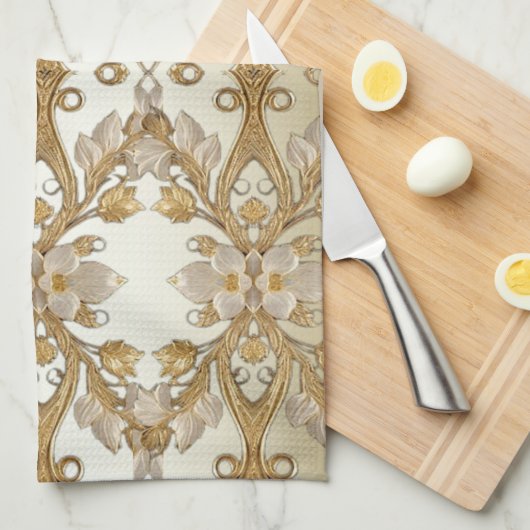Witte bloemen Decoratieve Gouden Keuken Handdoeken (Quarter Fold)