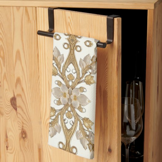 Witte bloemen Decoratieve Gouden Keuken Handdoeken (Derde Gevouwen)
