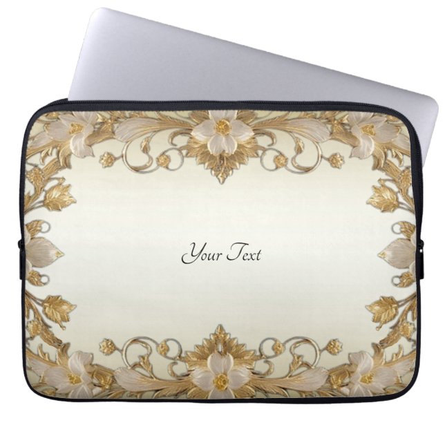 Witte bloemen Decoratieve gouden laptophoes Laptop Sleeve (Voorkant)