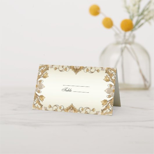 Witte bloemen Decoratieve gouden Place Card Plaatskaartje (Voorkant)
