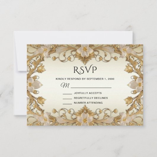 Witte bloemen decoratieve gouden RSVP-kaart RSVP Kaartje (Voorkant)