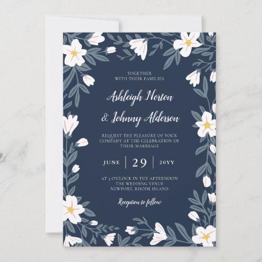 Witte Bloemen Donkerblauwe Bloemige Bruiloft Kaart (Voorkant)