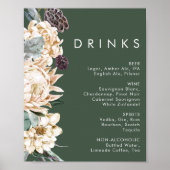 Witte Bloemen | Donkergroen Bruiloft Dranken Bord Poster (Voorkant)