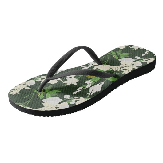 Witte bloemen donkergroene rug teenslippers (Schuin)