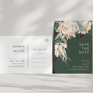 Witte Bloemen Donkergroene Save The Date Postcar Uitnodiging Briefkaart