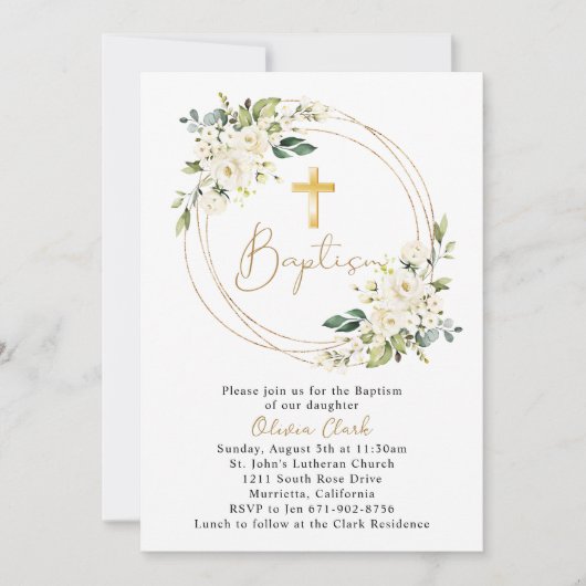 Witte Bloemen Doop doopgoud Lijst Kaart (Voorkant)