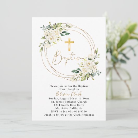 Witte Bloemen Doop doopgoud Lijst Kaart (Staand voorkant)