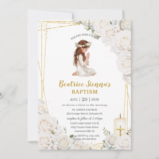 Witte Bloemen Doop Doopsel Bidden Meisje Kaart (Voorkant)