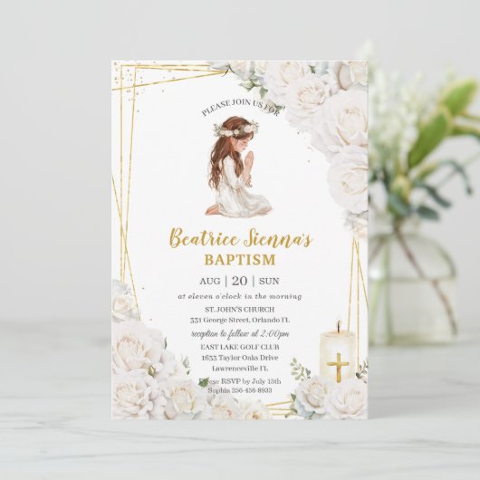 Witte Bloemen Doop Doopsel Bidden Meisje Kaart (Staand voorkant)