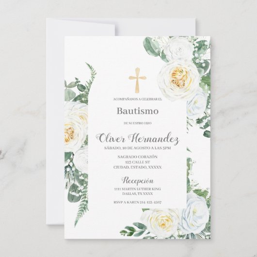 Witte Bloemen doop Spaanse Uitnodiging (Voorkant)