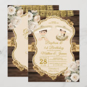 Witte Bloemen Doop Tweeling Jongen & Meisje 1e Ver Kaart (Voorkant / Achterkant)