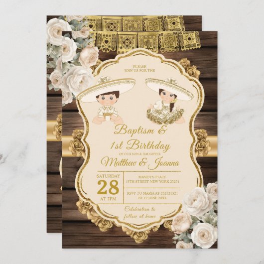 Witte Bloemen Doop Tweeling Jongen & Meisje 1e Ver Kaart (Voorkant / Achterkant)