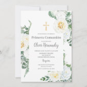 Witte Bloemen eerste communie Spaanse uitnodiging (Voorkant)