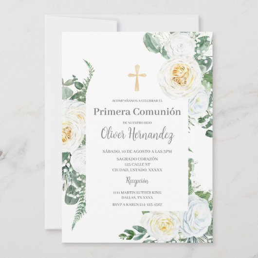 Witte Bloemen eerste communie Spaanse uitnodiging (Voorkant)