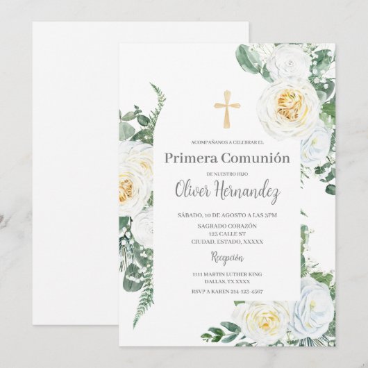 Witte Bloemen eerste communie Spaanse uitnodiging (Voorkant / Achterkant)