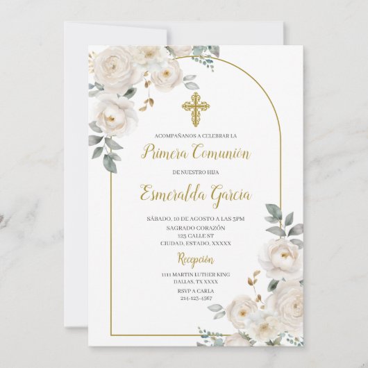 Witte bloemen eerste communie uitnodiging (Voorkant)