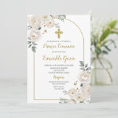 Witte bloemen eerste communie uitnodiging (Staand voorkant)