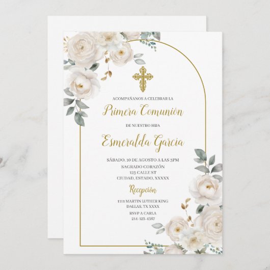 Witte bloemen eerste communie uitnodiging (Voorkant / Achterkant)