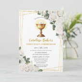 Witte Bloemen Eerste Heilige Communie Gouden Kelk Kaart (Staand voorkant)