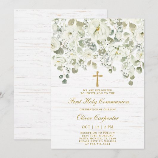 Witte Bloemen Eerste Heilige Communie Kaart (Voorkant / Achterkant)