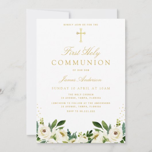 Witte Bloemen Eerste Heilige Communie uitnodiging (Voorkant)