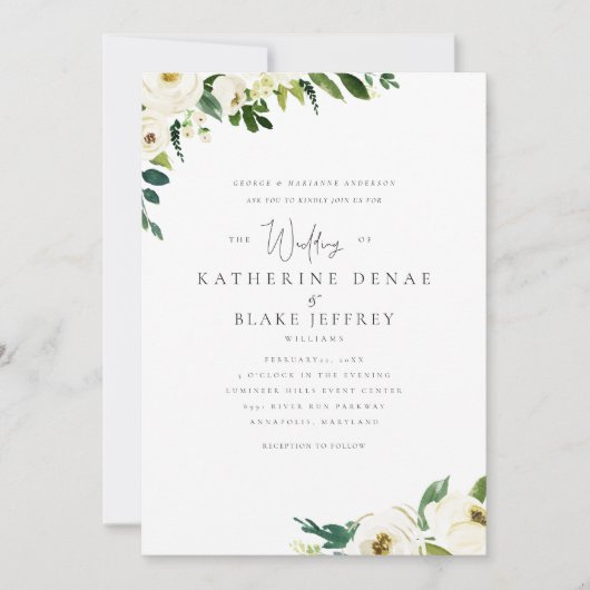 Witte bloemen Elegant Formele Bride Ouders Kaart (Voorkant)