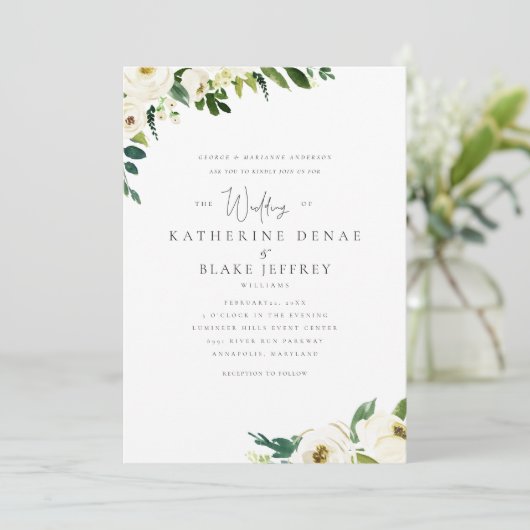 Witte bloemen Elegant Formele Bride Ouders Kaart (Staand voorkant)