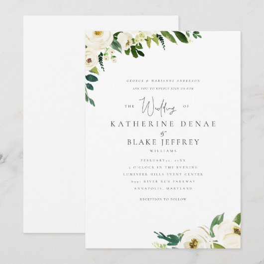 Witte bloemen Elegant Formele Bride Ouders Kaart (Voorkant / Achterkant)