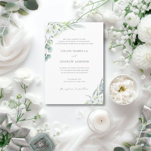 Witte Bloemen & Elegant Groen Bruiloft met RSVP Kaart