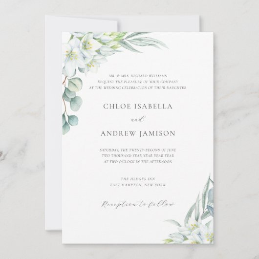 Witte Bloemen & Elegant Groen Bruiloft met RSVP Kaart (Voorkant)