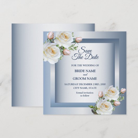 Witte Bloemen Elegante Blauwgrijs Save The Date (Voorkant / Achterkant)