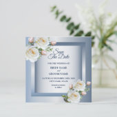 Witte Bloemen Elegante Blauwgrijs Save The Date (Staand voorkant)