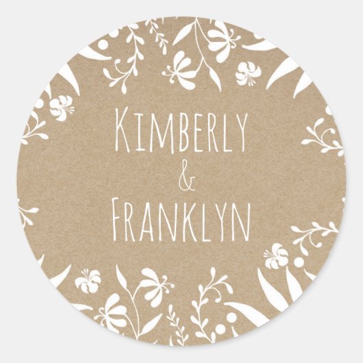  witte bloemen elegante bruiloft ronde sticker (Voorkant)